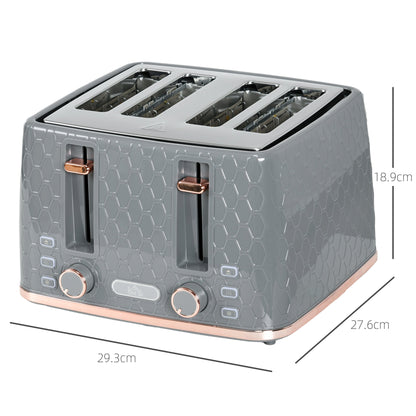 Grey four-slice toaster with dimensions shown in a diagram