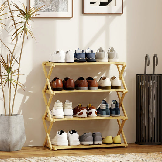 Four-tier bamboo shoe storage unit holding various shoes in a room