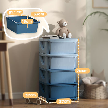 Blue four-tier kids storage unit with dimensions indicated by callouts