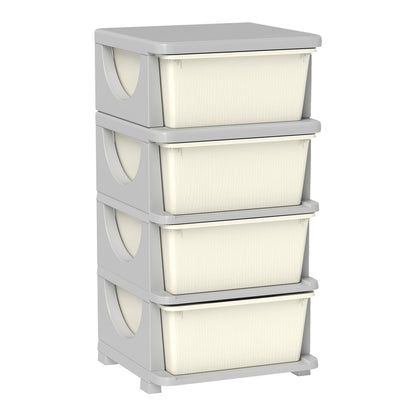 HOMCOM Four-Tier Kids Storage Boxes with four white drawers and a grey frame on a white background