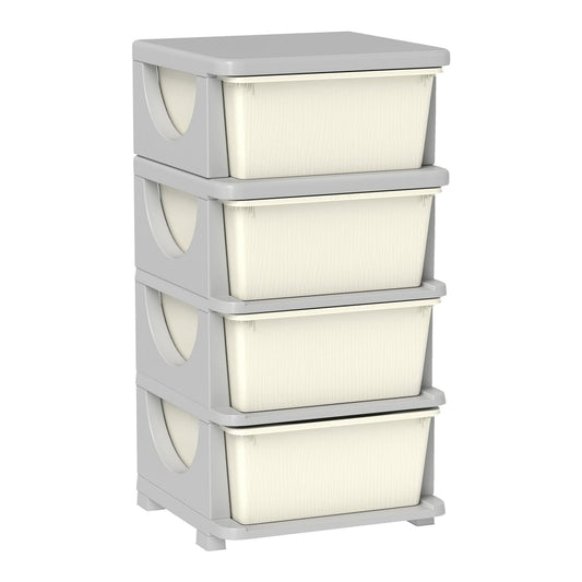 HOMCOM Four-Tier Kids Storage Boxes with four white drawers and a grey frame on a white background