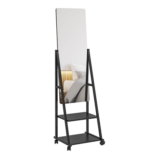 HOMCOM Free Standing Dressing Mirror with two black shelves and wheels