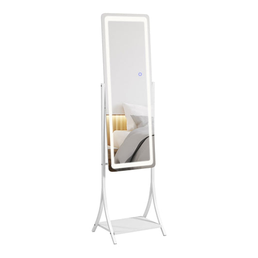 HOMCOM Free Standing Dressing Mirror with LED Lights, a full length mirror with a white metal frame and shelf