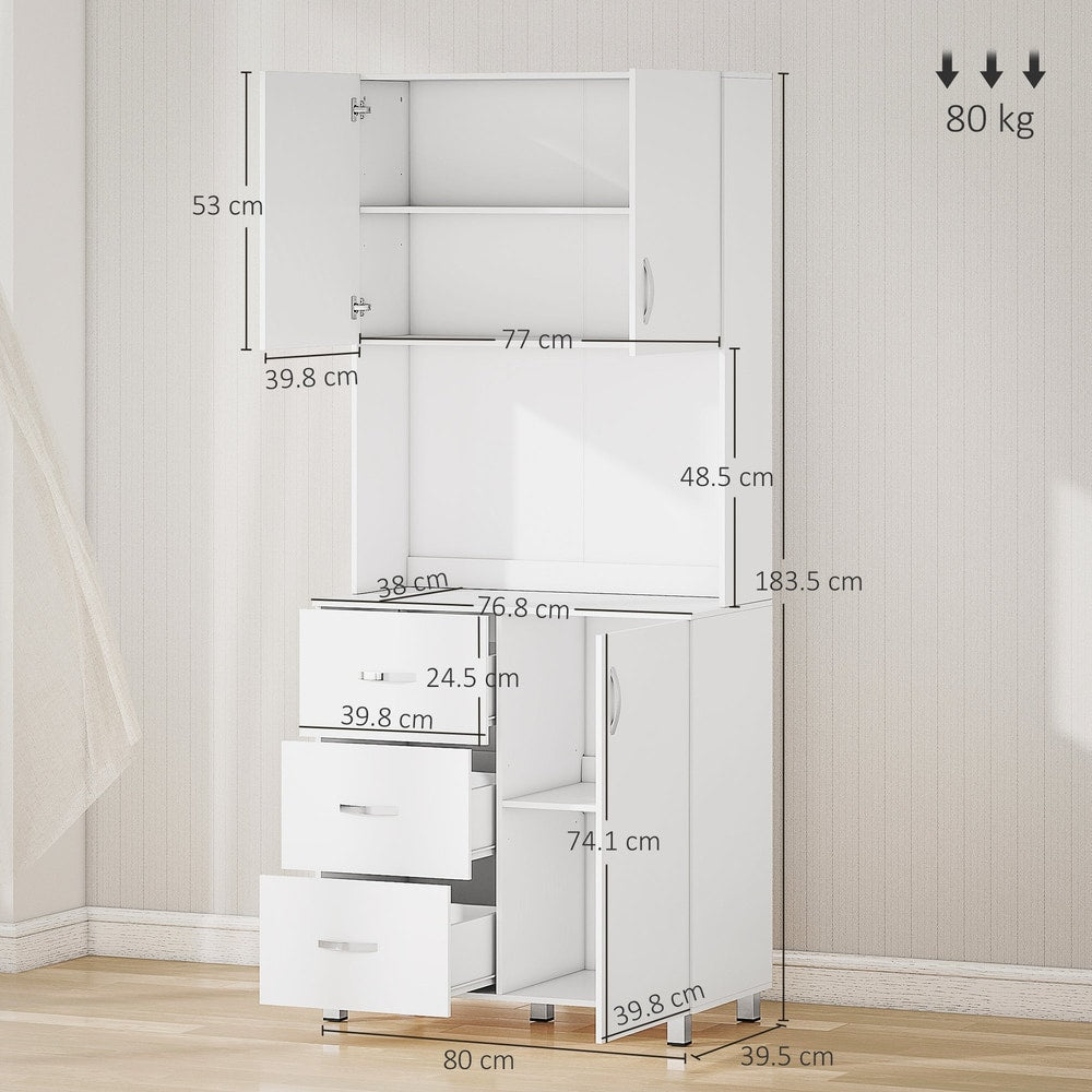 A white kitchen cabinet with dimensions shown for all sections and the overall unit