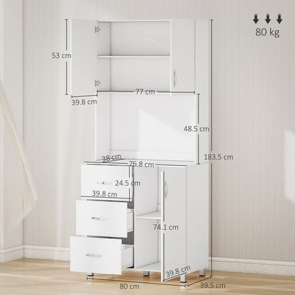 A white kitchen cabinet with dimensions shown for all sections and the overall unit