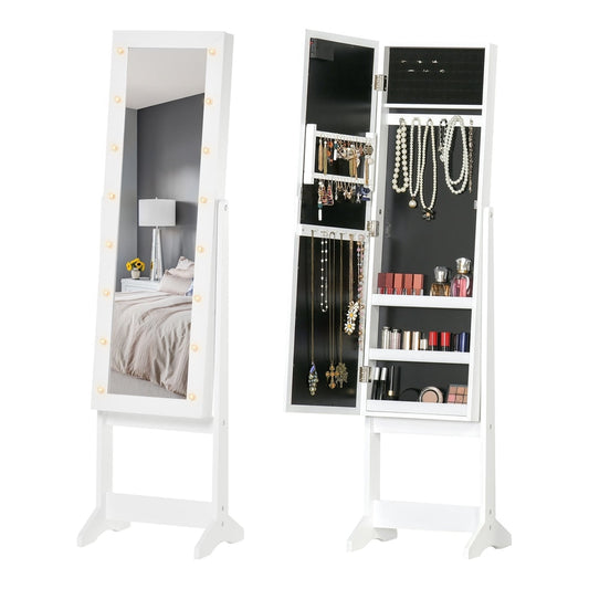 HOMCOM Free Standing LED Mirrored Jewelry Cabinet with the door open showing jewellery storage