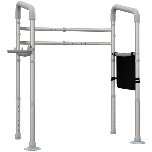 HOMCOM Free Standing Toilet Frame with adjustable silver metal bars and a black side storage pouch