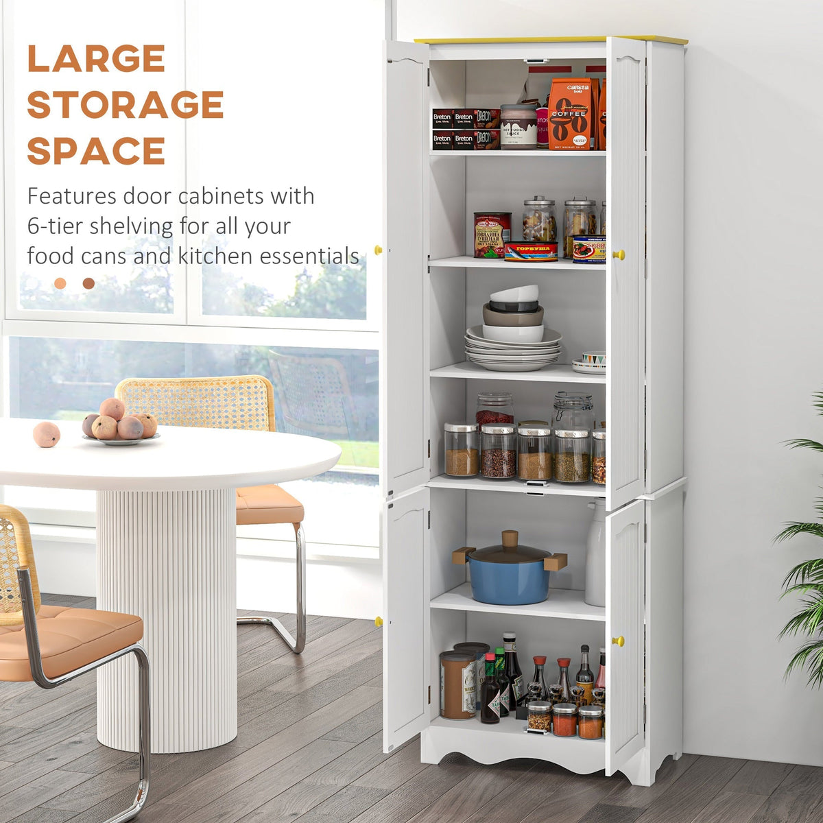 The kitchen furniture with all four doors open revealing shelves filled with food items