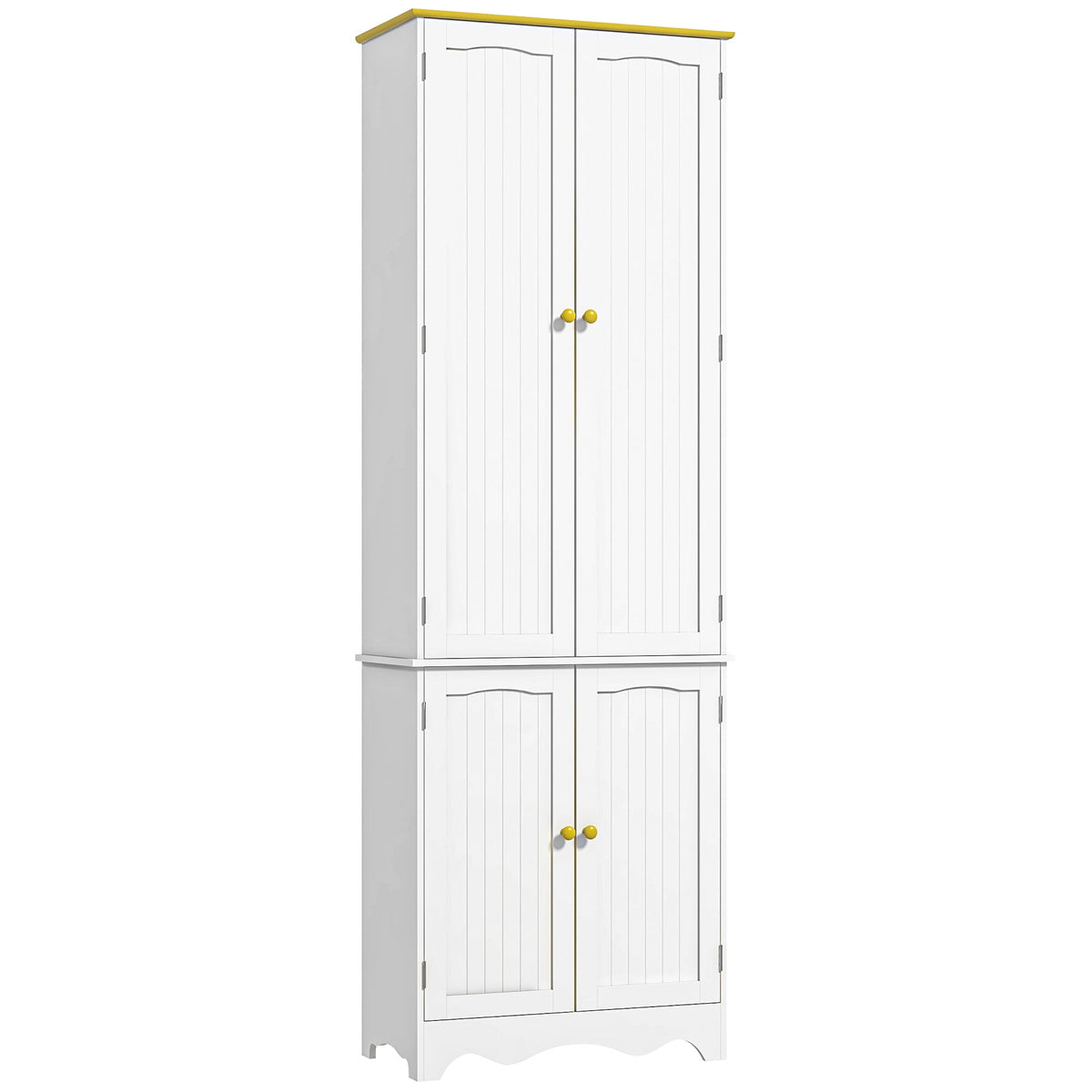 HOMCOM Freestanding 4-Door Kitchen Cupboard with a white finish and yellow top and door knobs