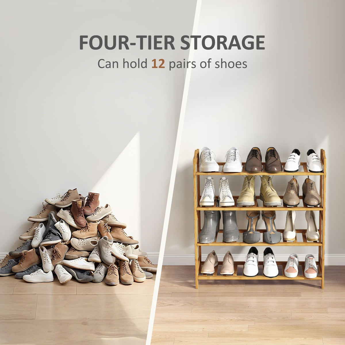 A four-tier shoe storage unit shown with a large pile of shoes and then neatly organised footwear