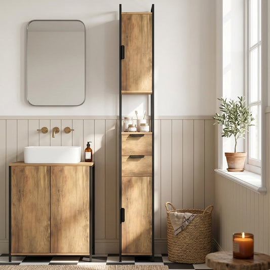 The tall bathroom storage cabinet in a bathroom setting next to a sink vanity