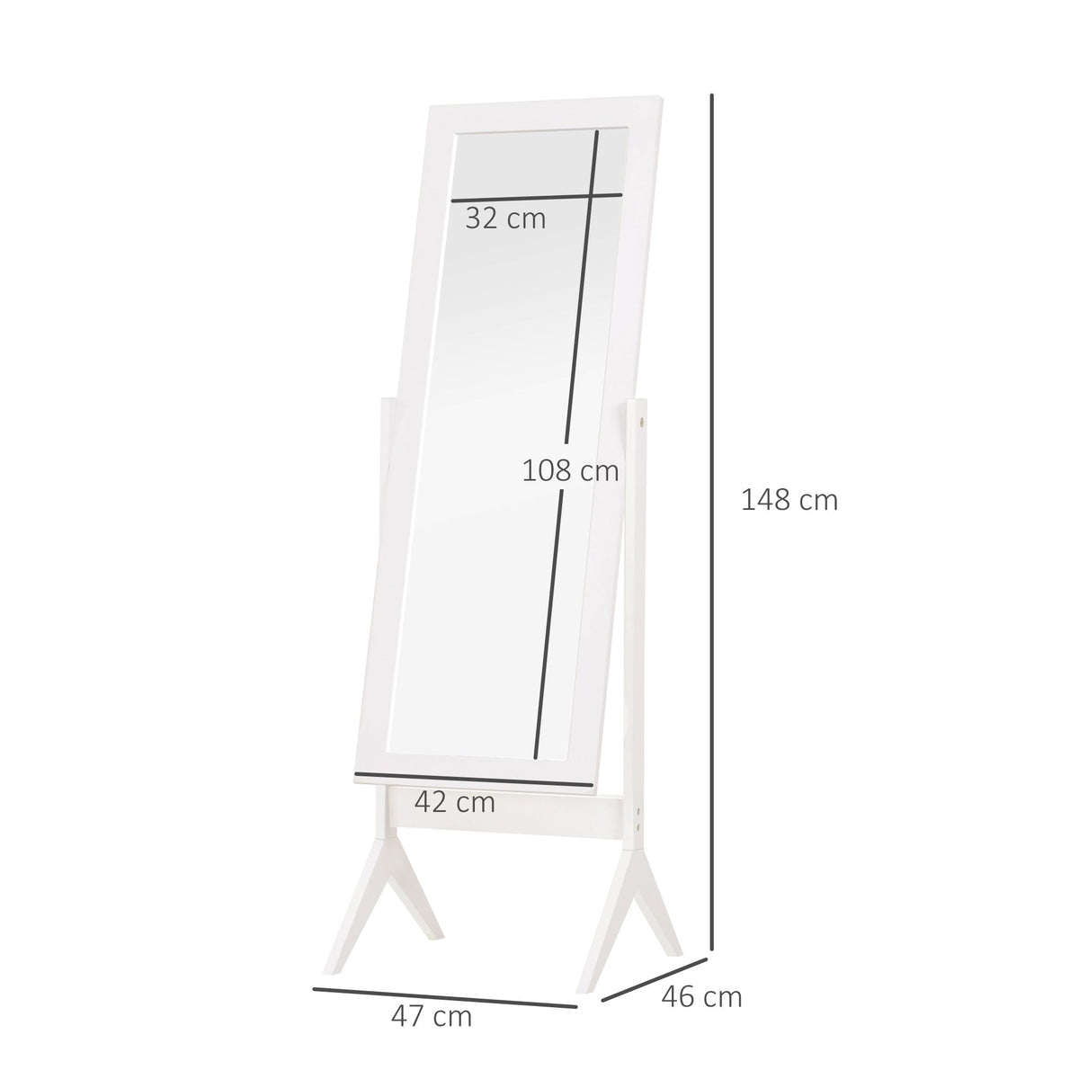 The full length mirror with dimensions shown, 148cm tall and 47cm wide