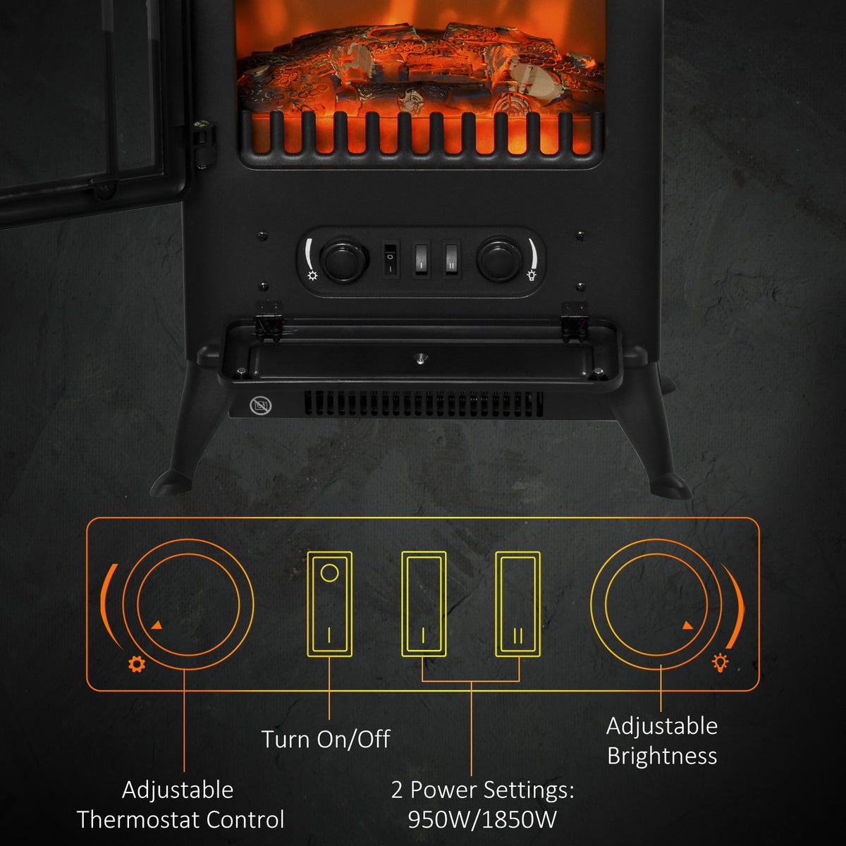 The controls and power settings for the electric log burner