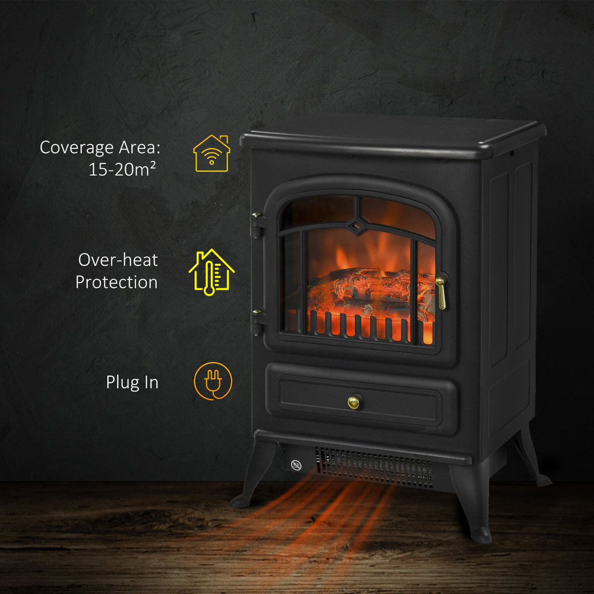 The portable electric heater showing its coverage area and plug-in feature