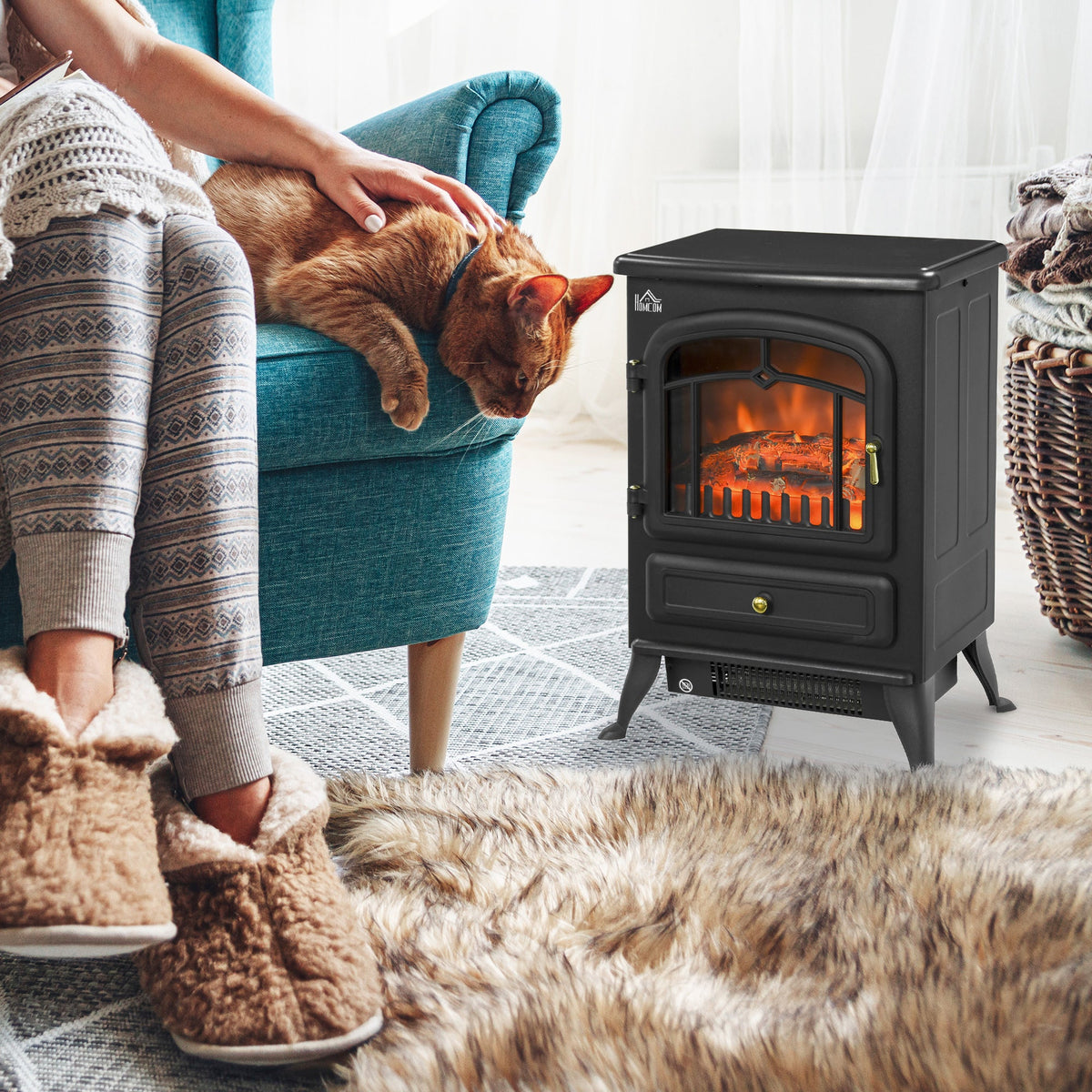 The electric fireplace stove in a cosy living room setting with a cat and a person