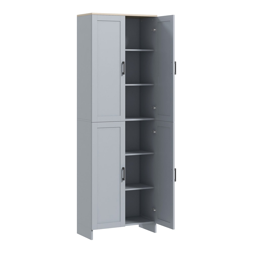 HOMCOM Freestanding Kitchen Cupboard, a tall grey storage cabinet with four doors and internal shelves