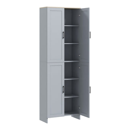 HOMCOM Freestanding Kitchen Cupboard, a tall grey storage cabinet with four doors and internal shelves
