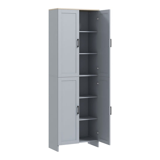 HOMCOM Freestanding Kitchen Cupboard, a tall grey storage cabinet with four doors and internal shelves