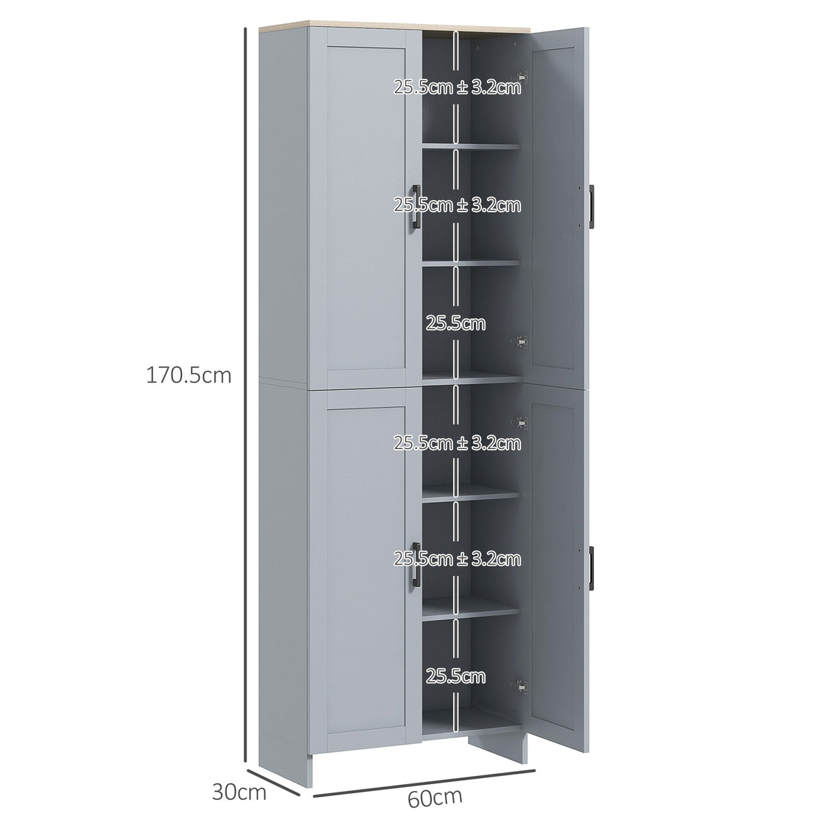 A grey freestanding kitchen cupboard with dimensions shown, featuring four doors and adjustable shelves