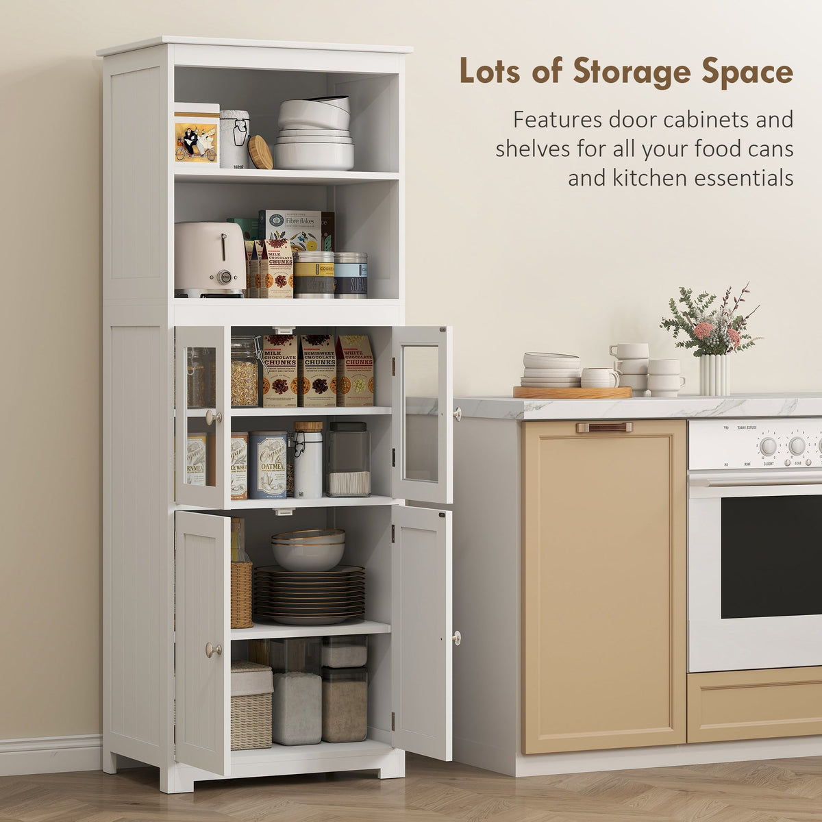 The kitchen furniture with all doors open to reveal shelves stocked with plates and jars