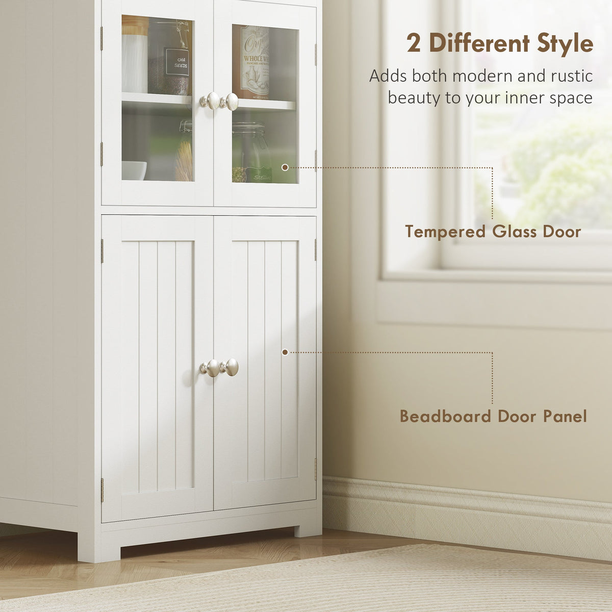 Close up of the kitchen furniture highlighting the glass door and the beadboard door panel
