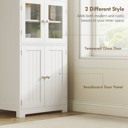 Close up of the kitchen furniture highlighting the glass door and the beadboard door panel