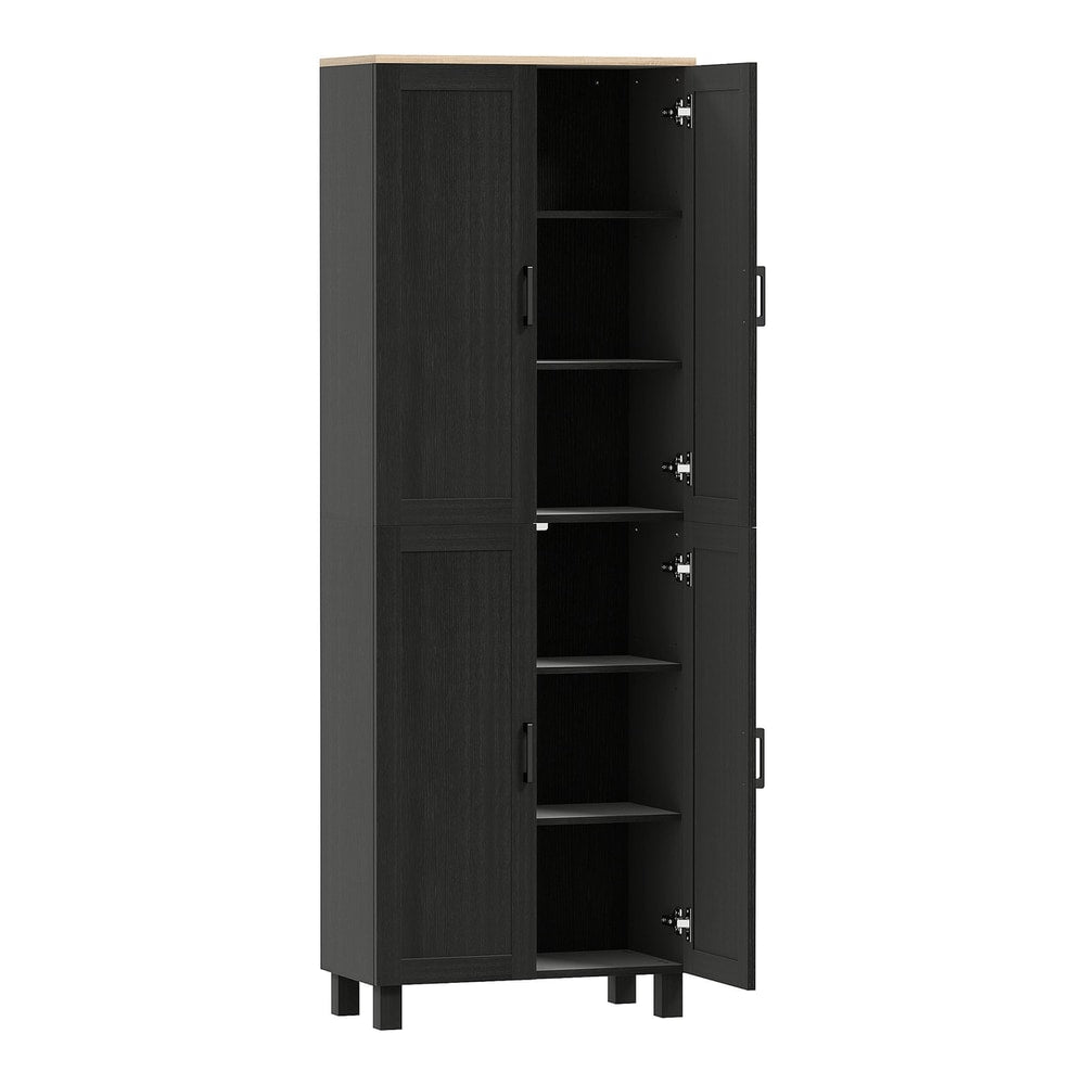 HOMCOM Freestanding Kitchen Cupboard, a tall black storage cabinet with four doors and internal shelves