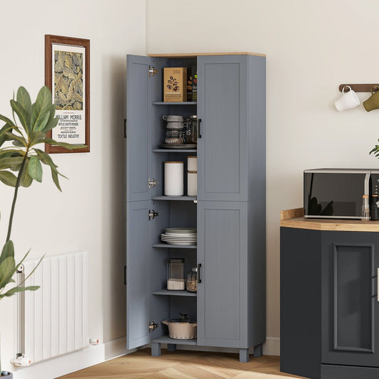 Freestanding kitchen cupboard filled with kitchenware and food items