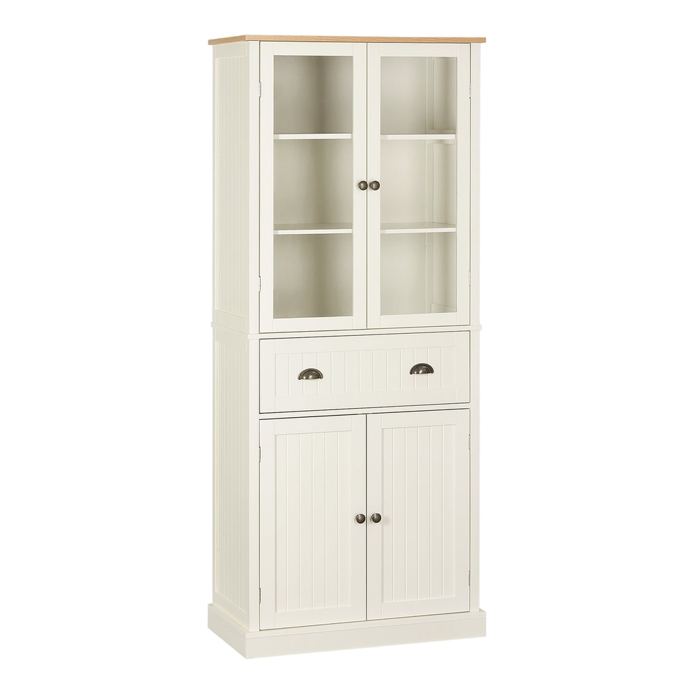 HOMCOM Freestanding Kitchen Cupboard in cream white with glass doors and lower cabinet doors