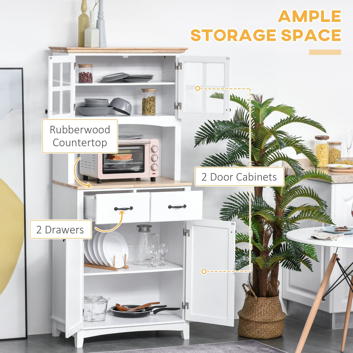 The kitchen furniture with doors and drawers open to display the internal storage space
