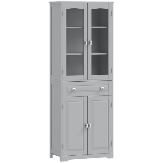 HOMCOM Freestanding Kitchen Cupboard in grey with glass doors and a central drawer