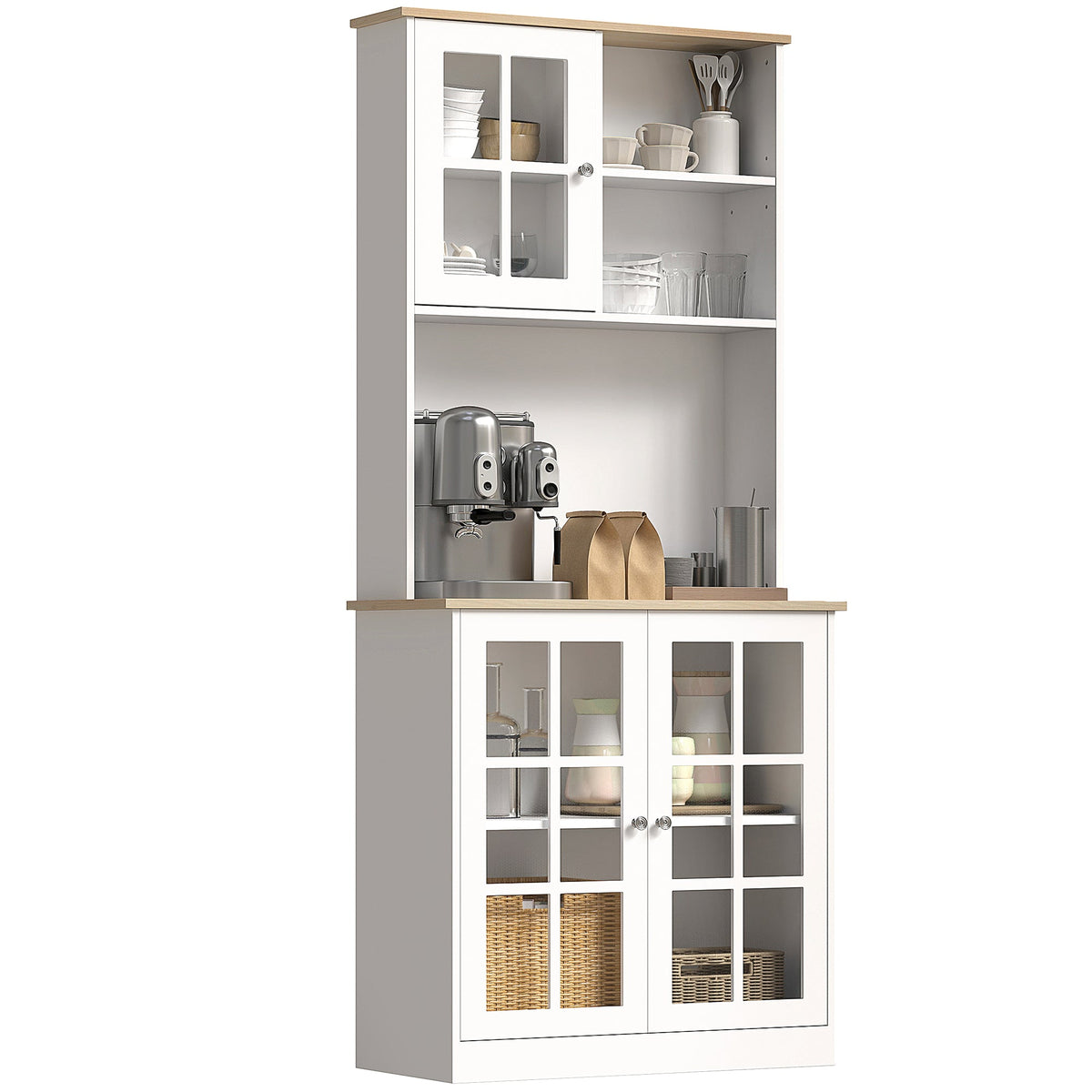HOMCOM Freestanding Kitchen Cupboard with grid glass doors and adjustable shelves