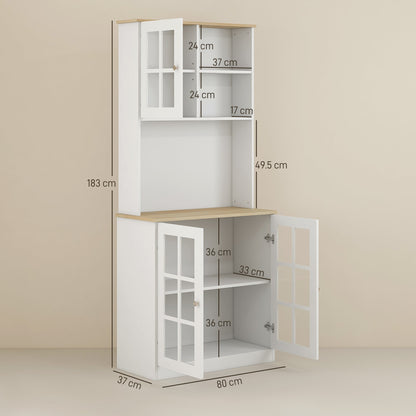 Tall kitchen cabinet with grid glass doors and adjustable shelves, with dimensions shown