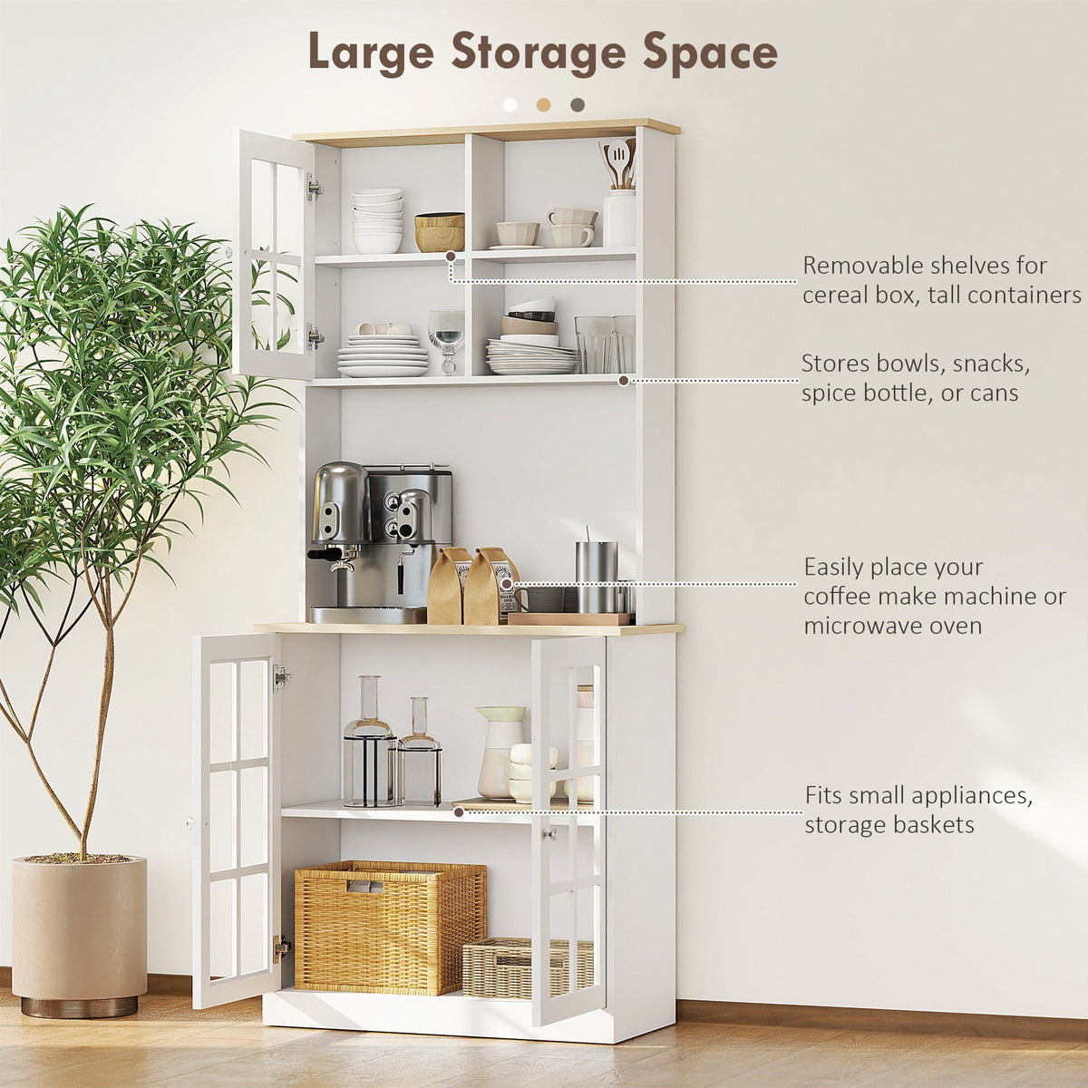 White kitchen storage cabinet with grid glass doors, filled with kitchen items