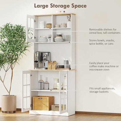 White kitchen storage cabinet with grid glass doors, filled with kitchen items