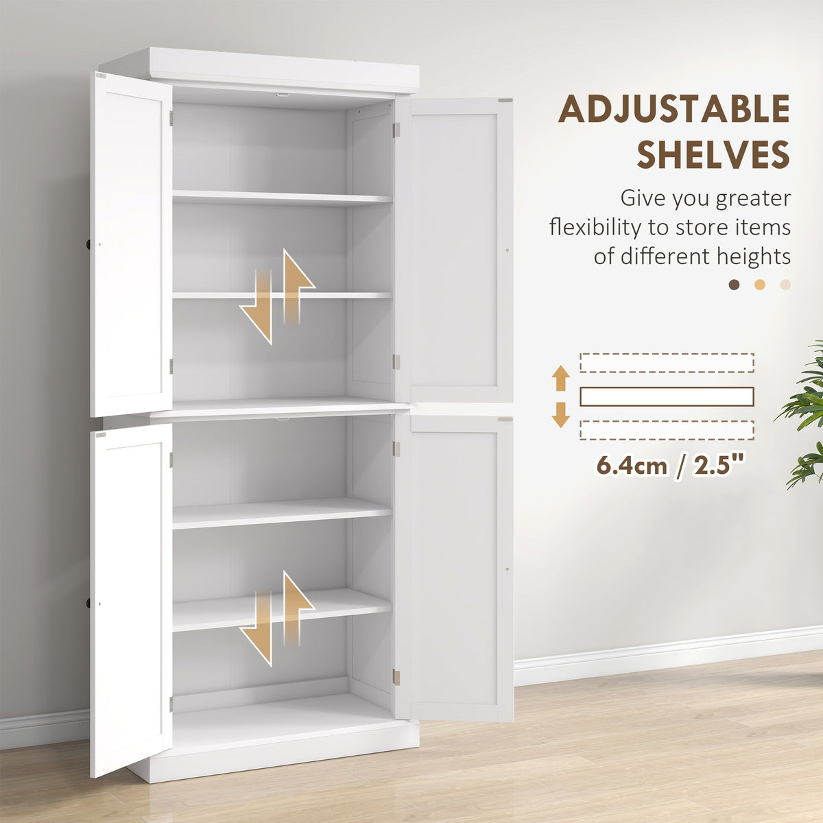 The freestanding kitchen cupboard shows adjustable shelves for flexible storage