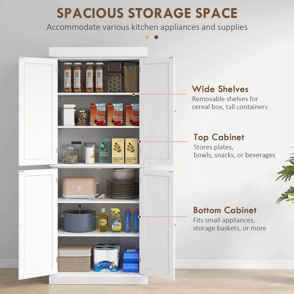 This kitchen storage unit has spacious storage and adjustable shelves