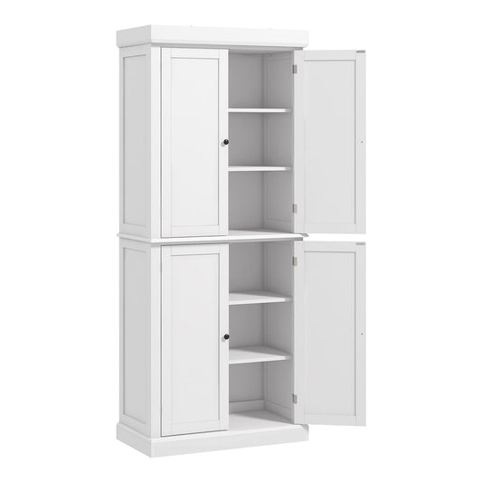 HOMCOM Freestanding Kitchen Cupboard with 4 Doors, a white storage cabinet with two sections and open doors showing shelves