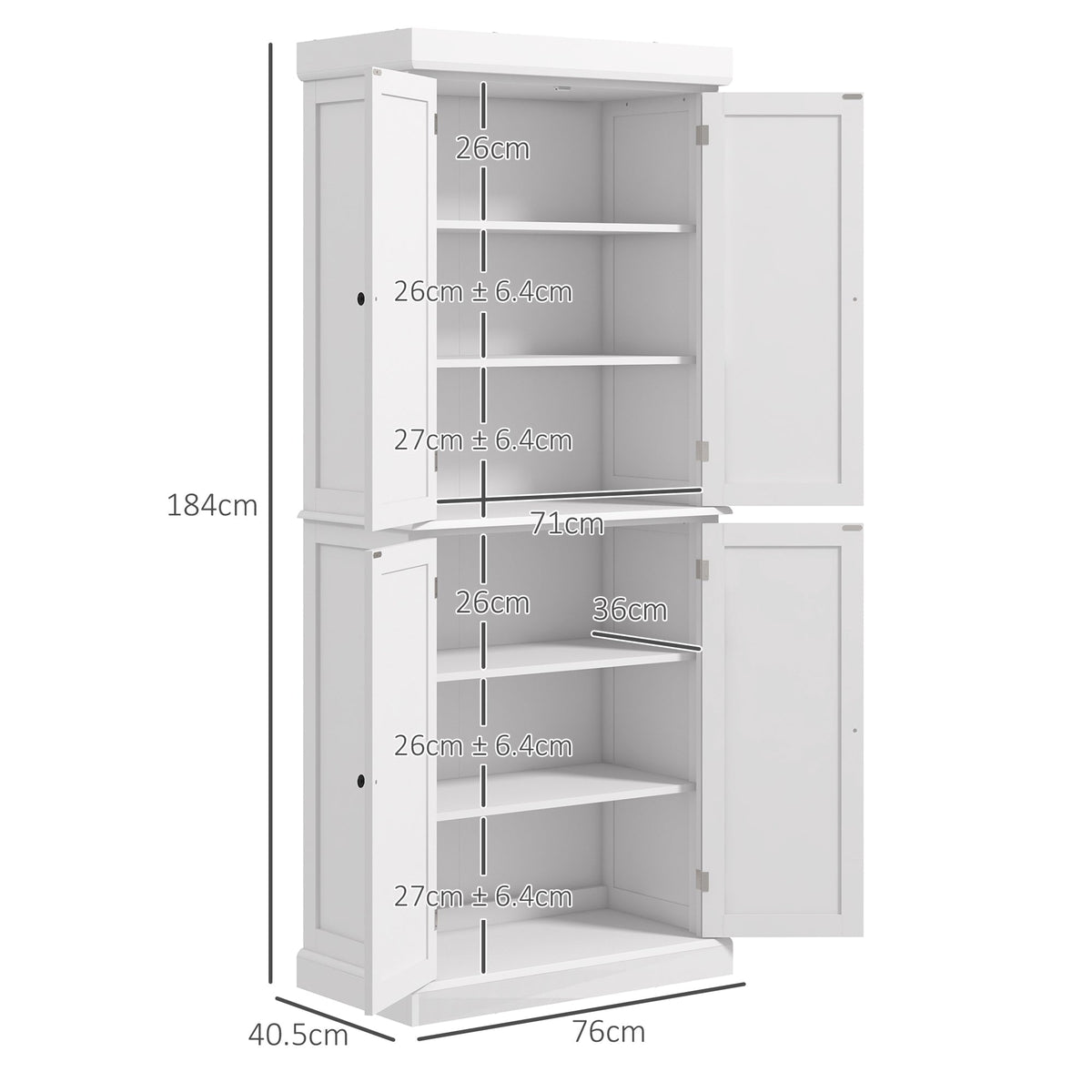 The white kitchen storage cabinet has dimensions overlaid on the unit