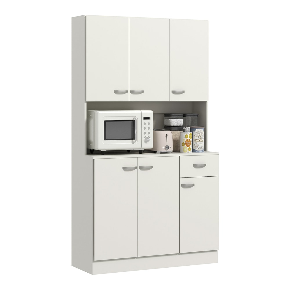 HOMCOM Freestanding Kitchen Pantry Storage Cabinet in white with doors closed and microwave on shelf