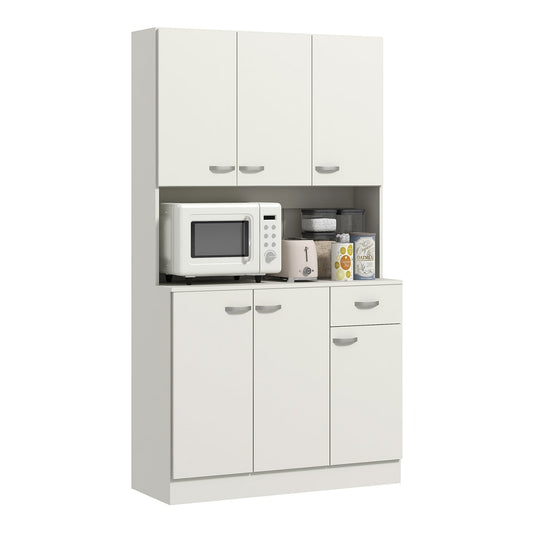 HOMCOM Freestanding Kitchen Pantry Storage Cabinet in white with doors closed and microwave on shelf
