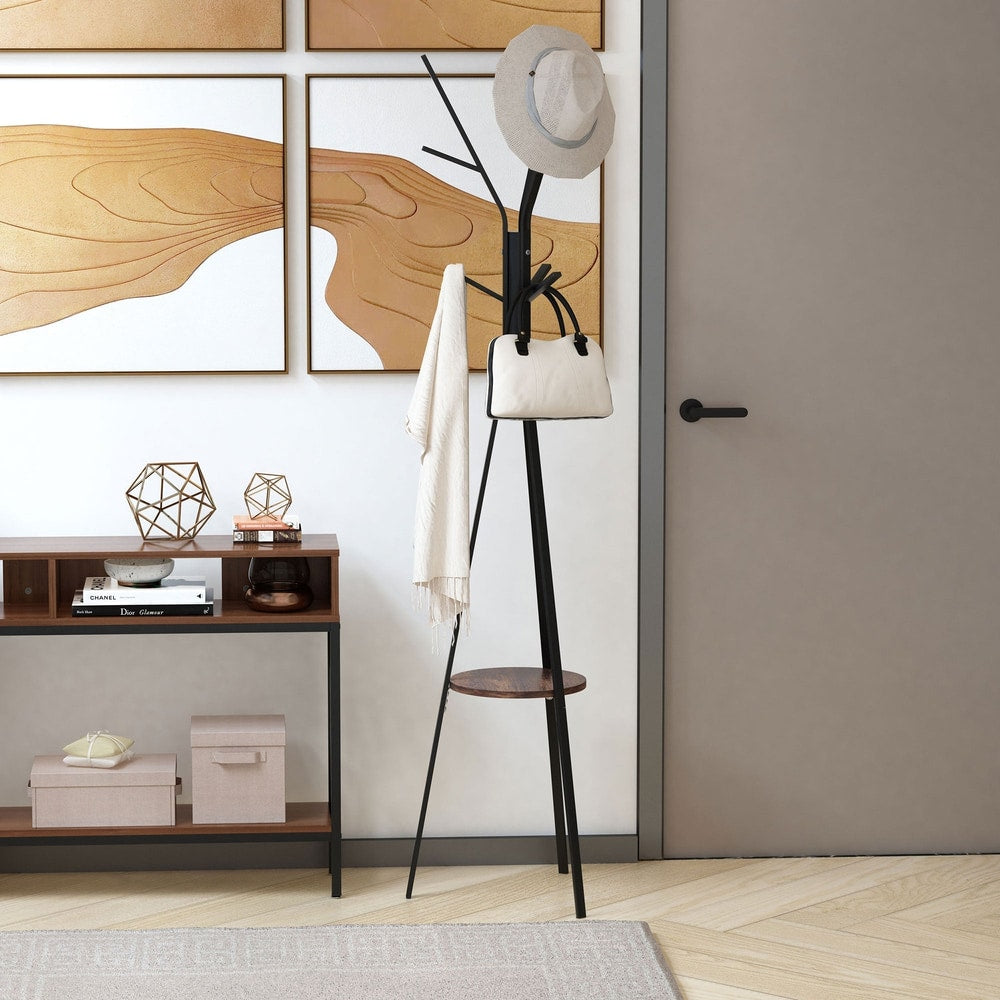 The coat rack stand in a hallway with a hat and coat on it