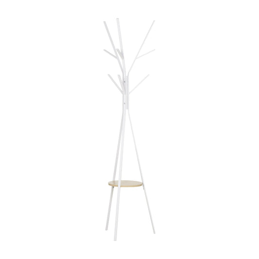 HOMCOM Freestanding Metal Coat Rack with 9 hooks and a round shelf in white