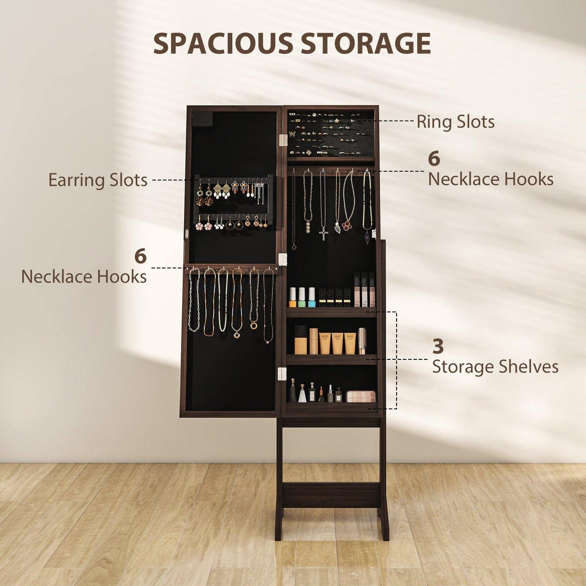 The jewellery cabinet's interior storage is detailed with labels for ring slots, earring slots, necklace hooks and shelves