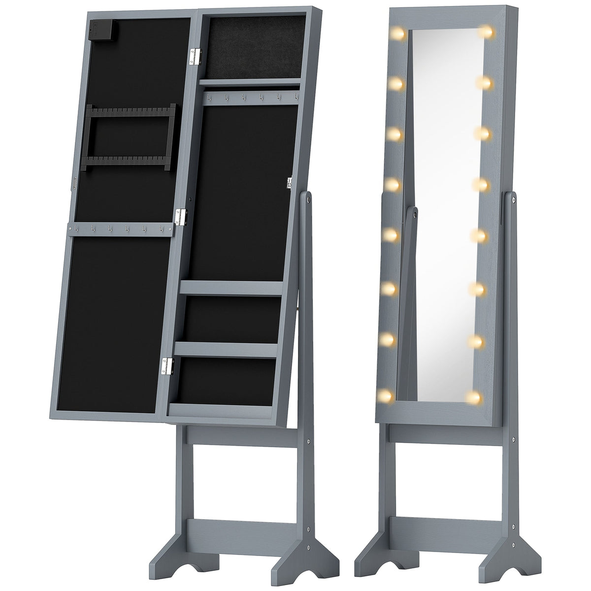 HOMCOM Freestanding Mirrored Jewellery Storage Cabinet shown open and closed with LED lights on