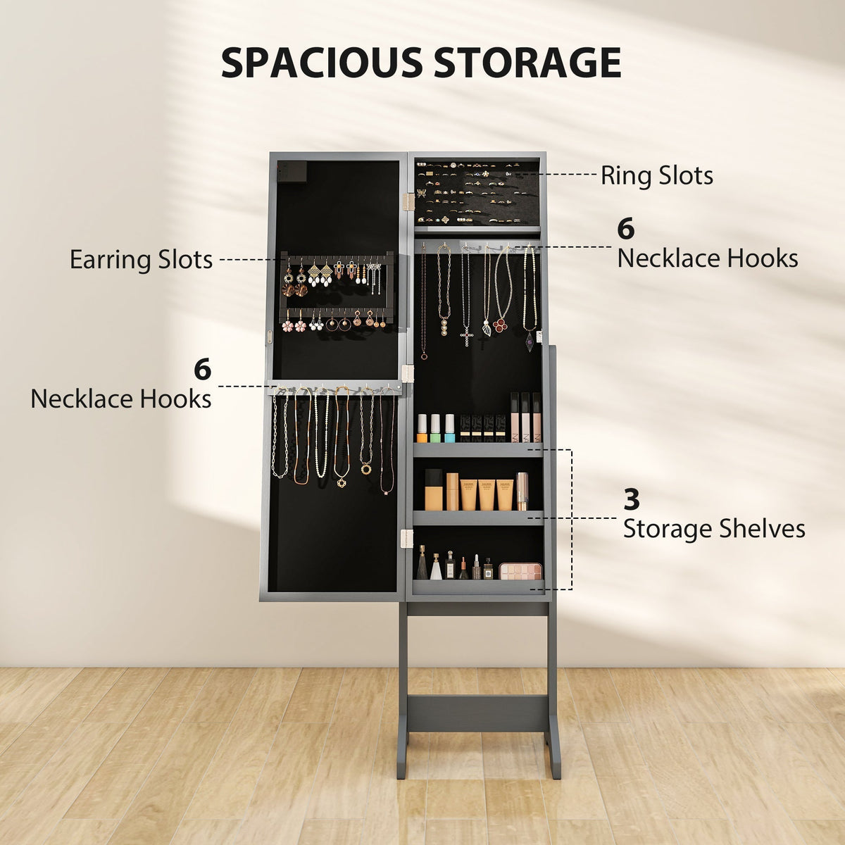 The mirror jewellery cabinet interior showing storage for rings necklaces and cosmetics
