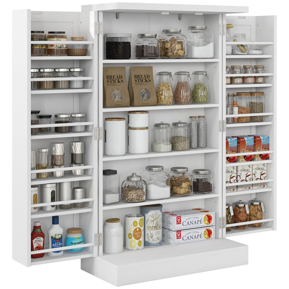 HOMCOM Freestanding Multi-Storage Kitchen Cupboard with Adjustable Shelves White, a tall white kitchen cabinet with its doors