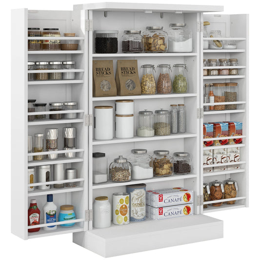 HOMCOM Freestanding Multi-Storage Kitchen Cupboard with Adjustable Shelves White, a tall white kitchen cabinet with its doors