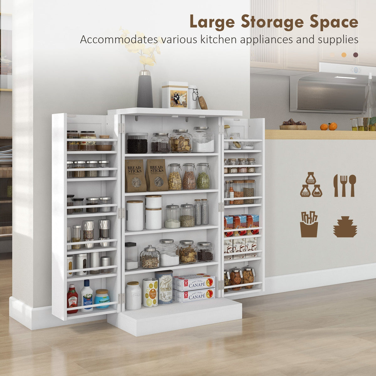 A white kitchen storage cupboard with its doors open, displaying a large amount of food items on its shelves