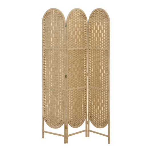 HOMCOM Freestanding Privacy Screen, a three-panel room divider with a natural wood finish, woven texture and arched top